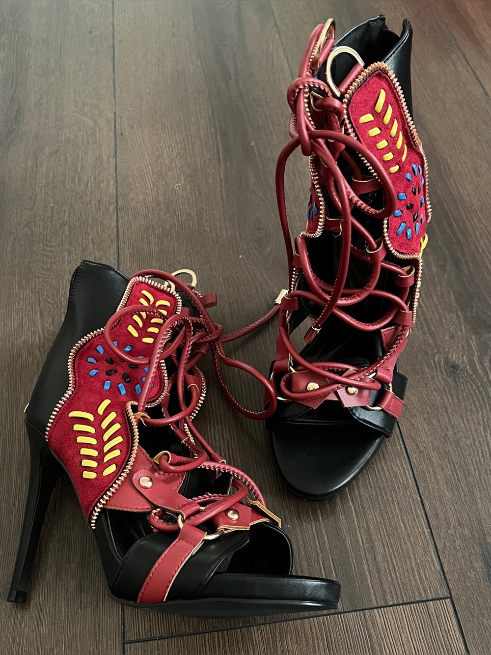 AKIRA Red Lace-Up Embroidered High Heel Sandals